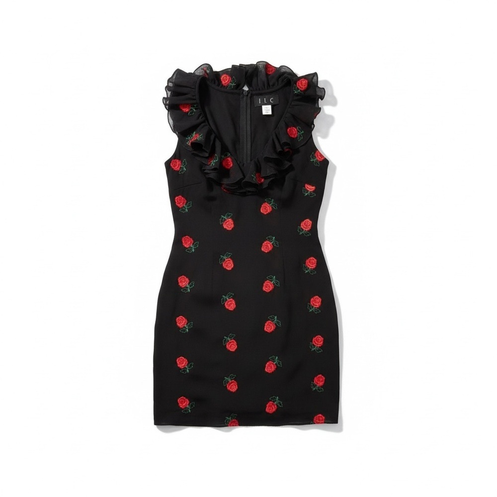 JSC Black mini Dress ruffled neckline with Red roses Floral Design size 8